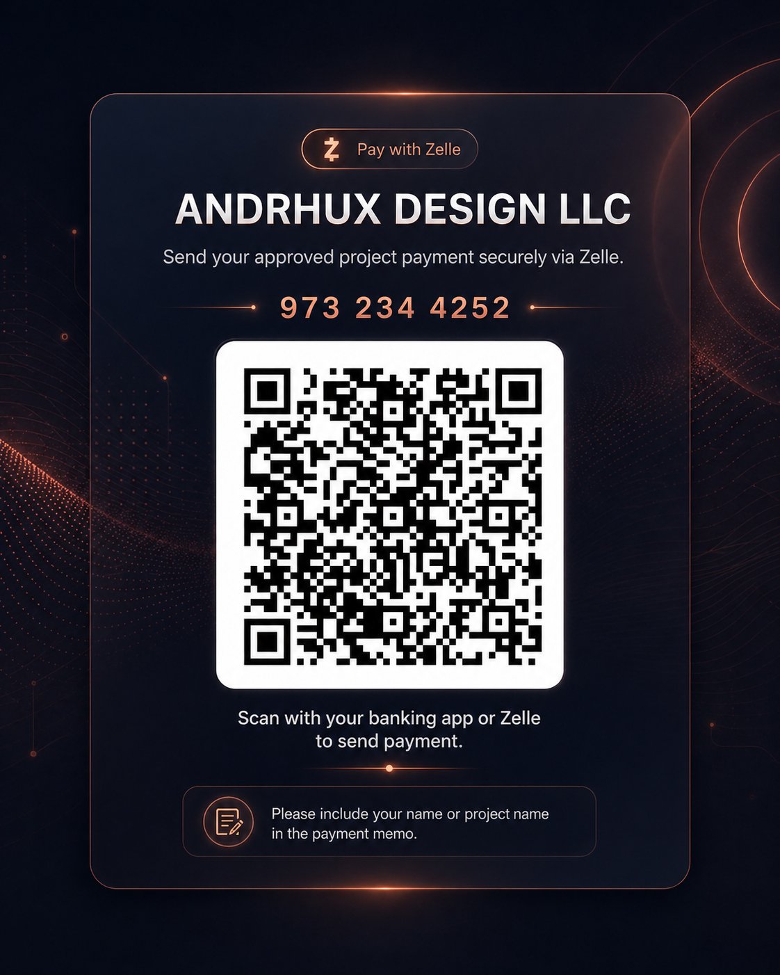 QR Zelle — Andrhux Design LLC · 973 234 4252
